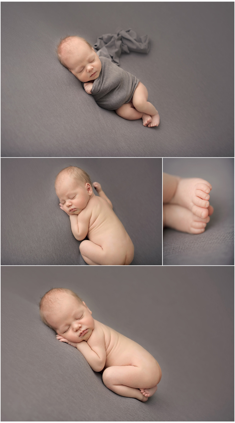 Collage of newborn baby tushie up and macro toys on gray backdrop