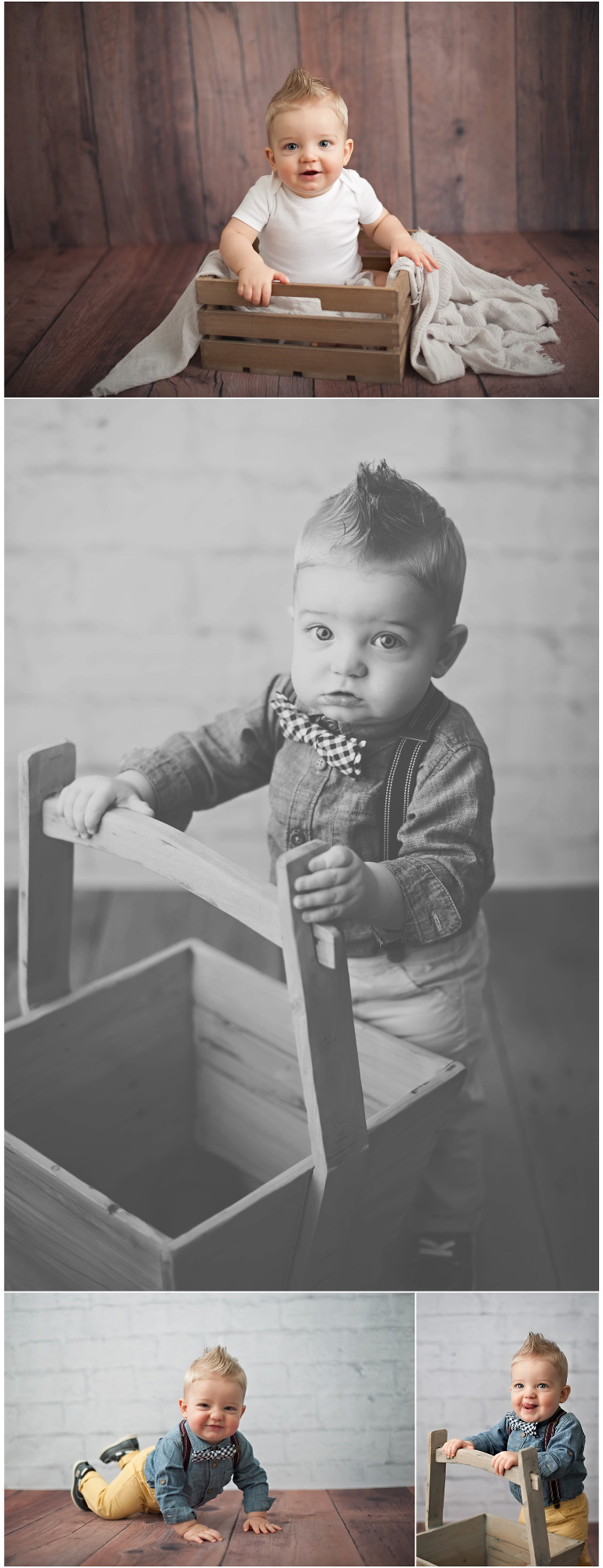 One year old baby boy in white onesie sitting in box with barn wood floor and wall