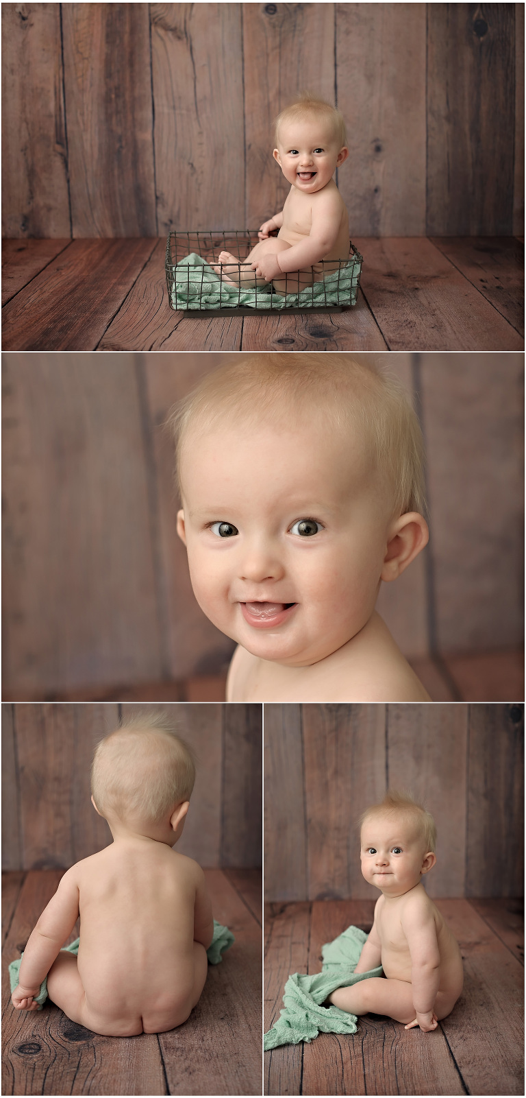 8 month old baby sitting in wire basket with wood backdrops and mint wrap.