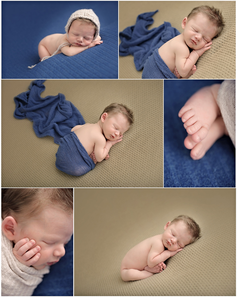 Newborn posing ideas. Tan Backdrop and dark blue wrap. Taco pose. Blue backdrop macro shots.